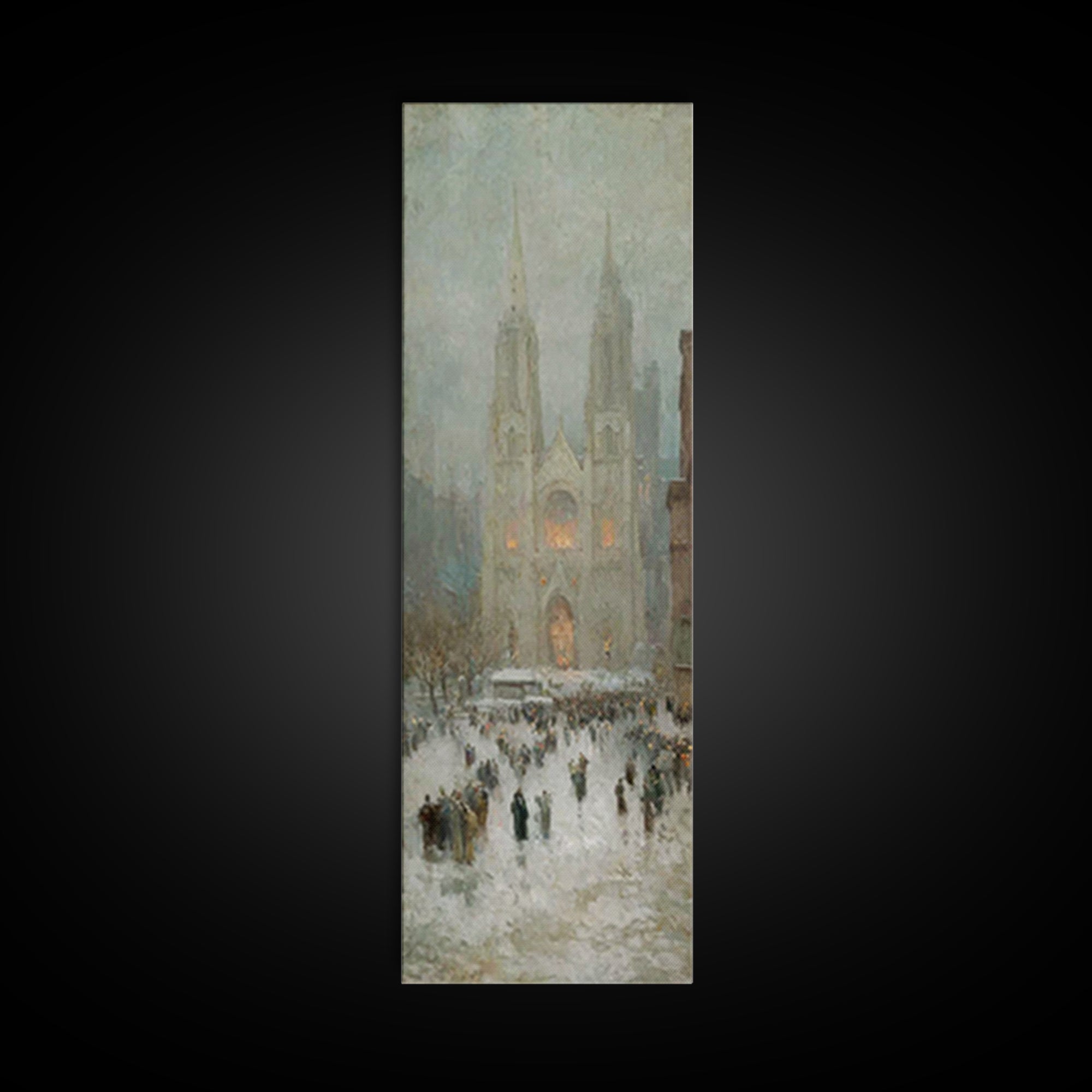 Cathedral Snow Gathering - Framed Canvas Print - Christian Art Canvas - Christmas Wall Art - Tall Skinny Art Print - Christian Painting - H