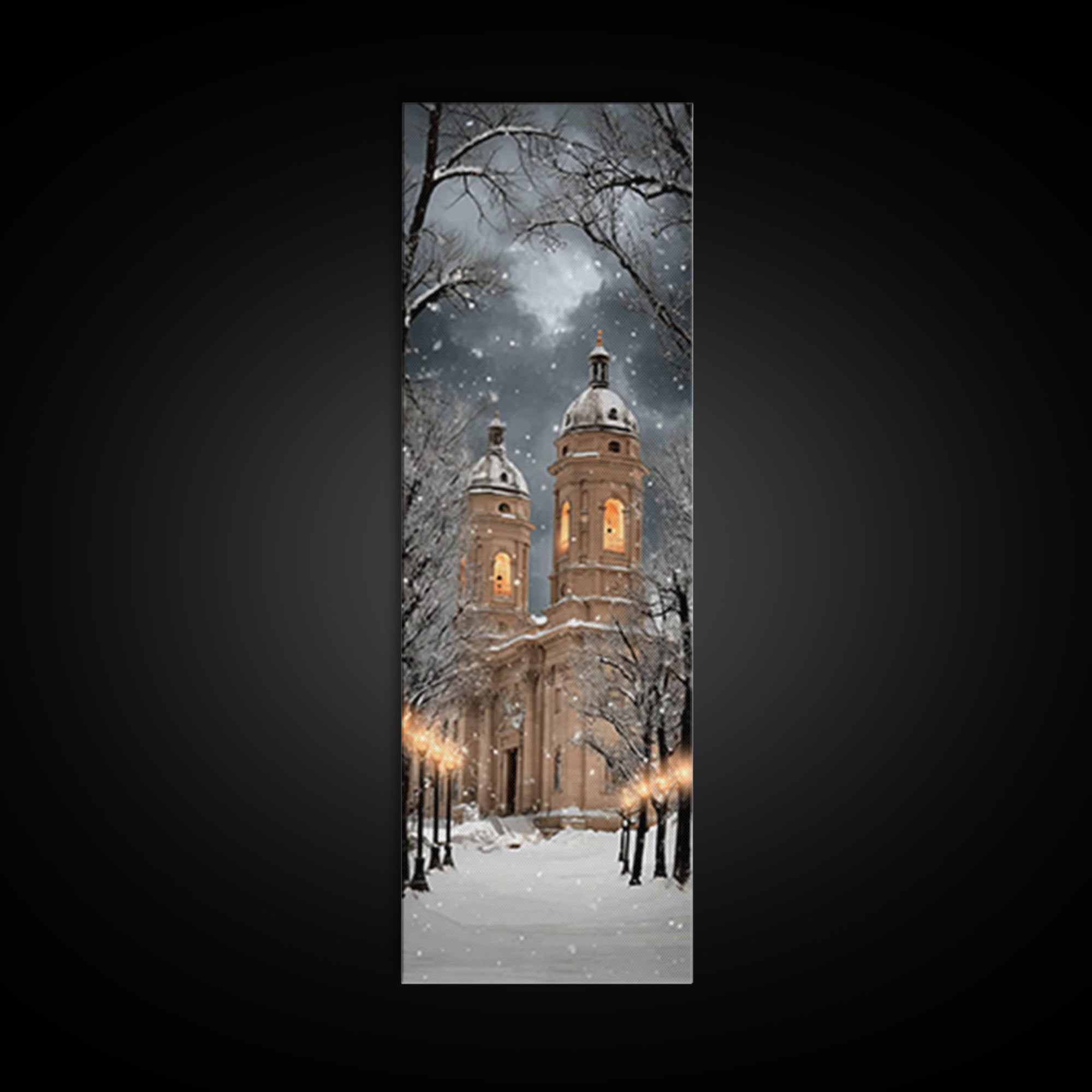 Snowfall Cathedral Peace - Framed Canvas Print - Christian Wall Art - Tall Skinny Art Print - Christian Art Canvas - Christmas Art Work - F