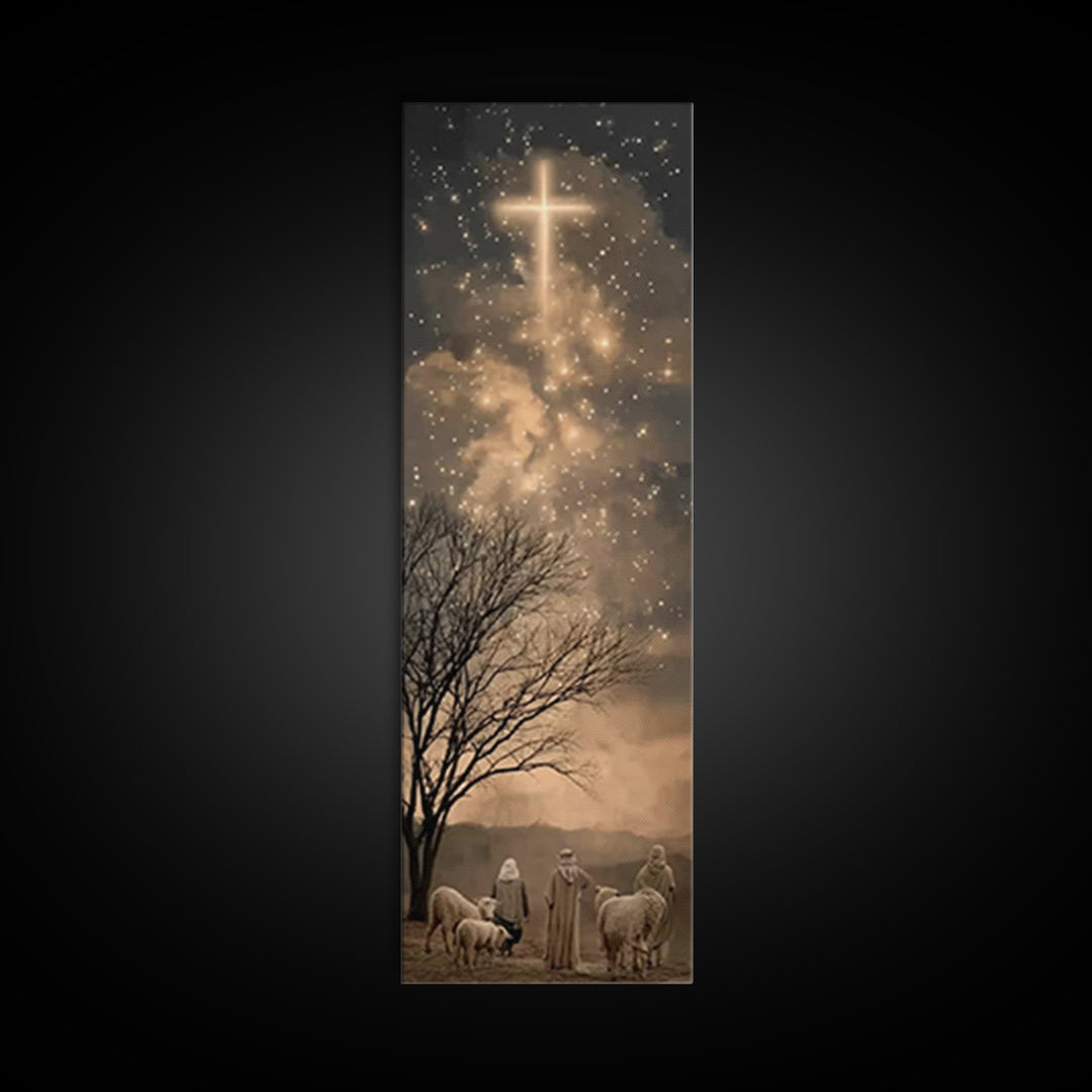 Bethlehem Night Glow, Framed Canvas Print, Tall Narrow Wall Art, Christian Christmas Art, Jesus Painting, Christian Decor