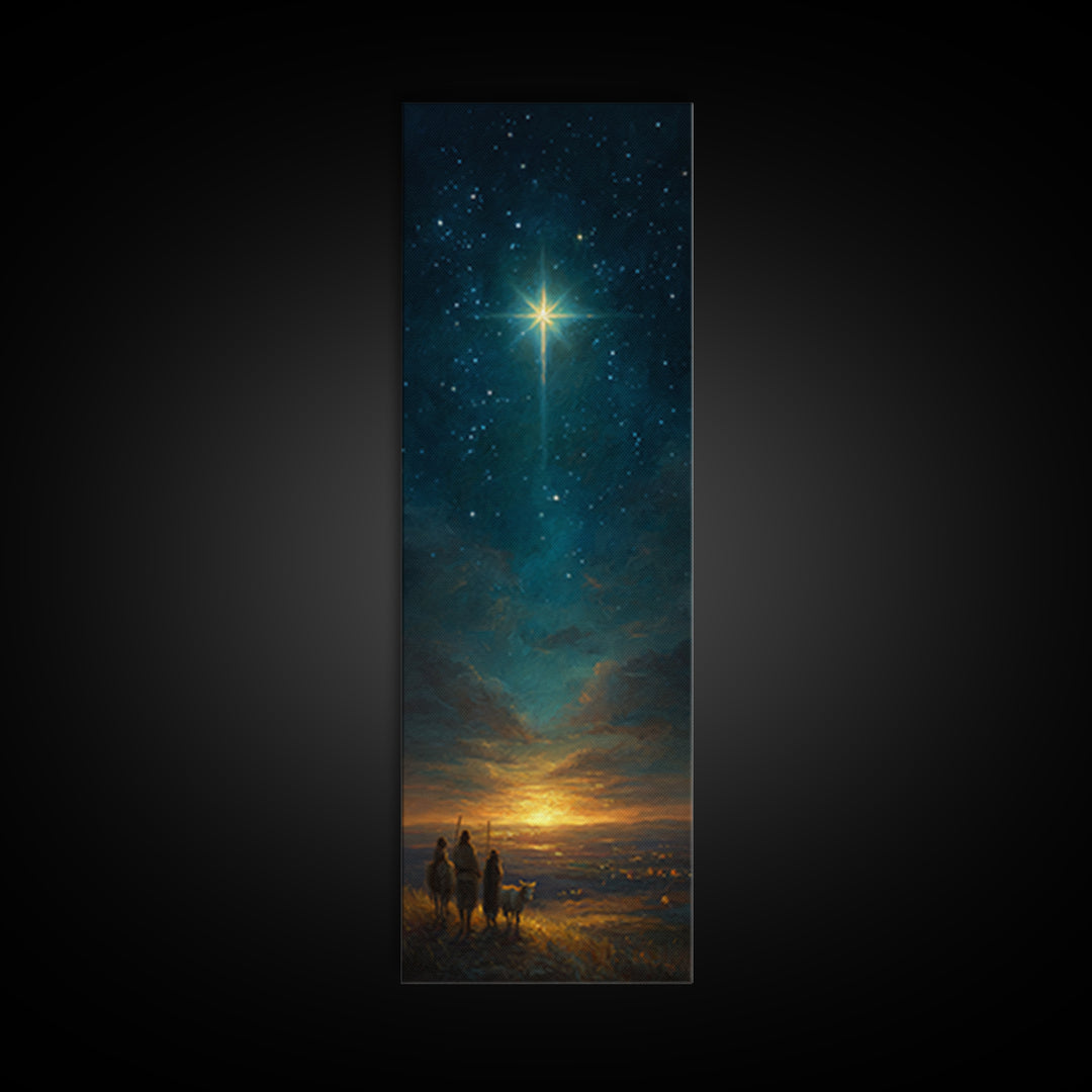 Heavenly Night Cross – Framed Canvas Print – Tall Skinny Art Print – Christian Christmas Decor – Jesus Painting – Christian Wall Art