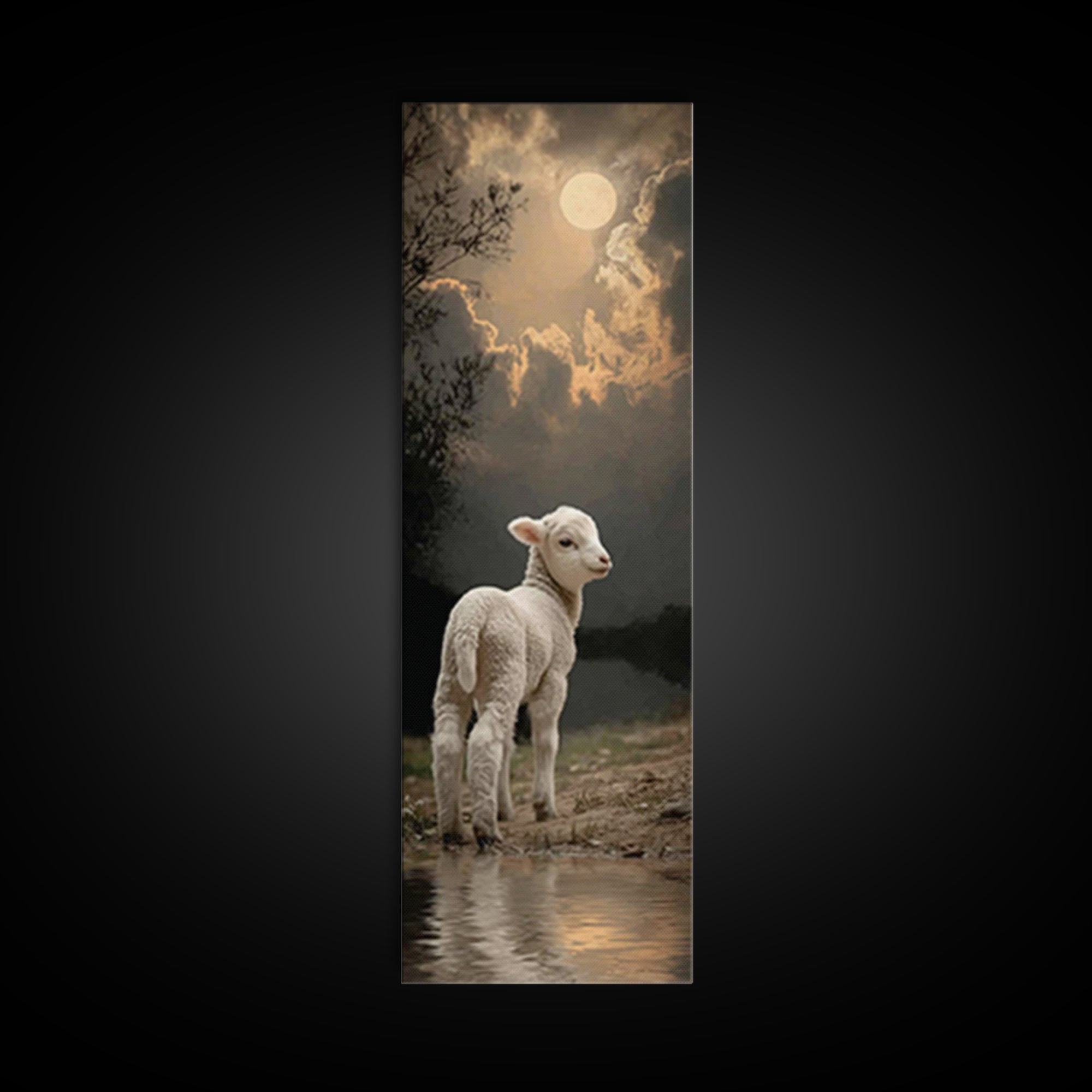 Moonlit Gentle Lamb, Framed Canvas Print, Christian Wall Art, Christian Art Canvas, Narrow Art, Christian Art Print, Christian Decor For Ho