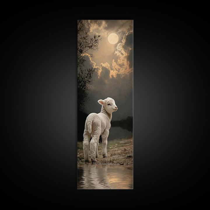 Moonlit Gentle Lamb, Framed Canvas Print, Christian Wall Art, Christian Art Canvas, Narrow Art, Christian Art Print, Christian Decor For Ho