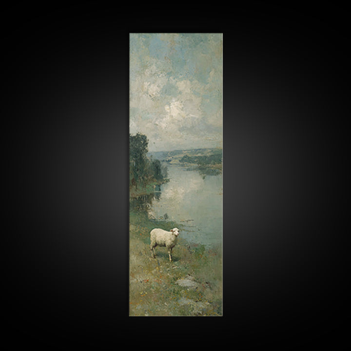 Riverbank White Lamb | Framed Canvas Print | Christian Art Canvas | Christian Wall Art | Skinny Art | Vintage Christian Art | Christian Dec