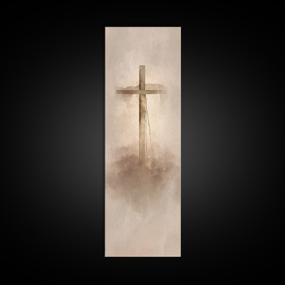 Cross In The Mist, Framed Canvas Print, Tall Skinny Art Print, Christian Art Canvas, Christian Wall Art, Christian Art Work, Christian Deco