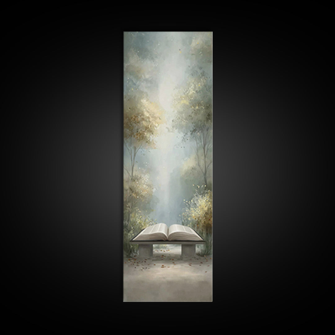Sacred Forest Reading – Framed Canvas Print – Christian Wall Art – Christian Painting – Narrow Art – Christian Art Canvas – Christian Decor