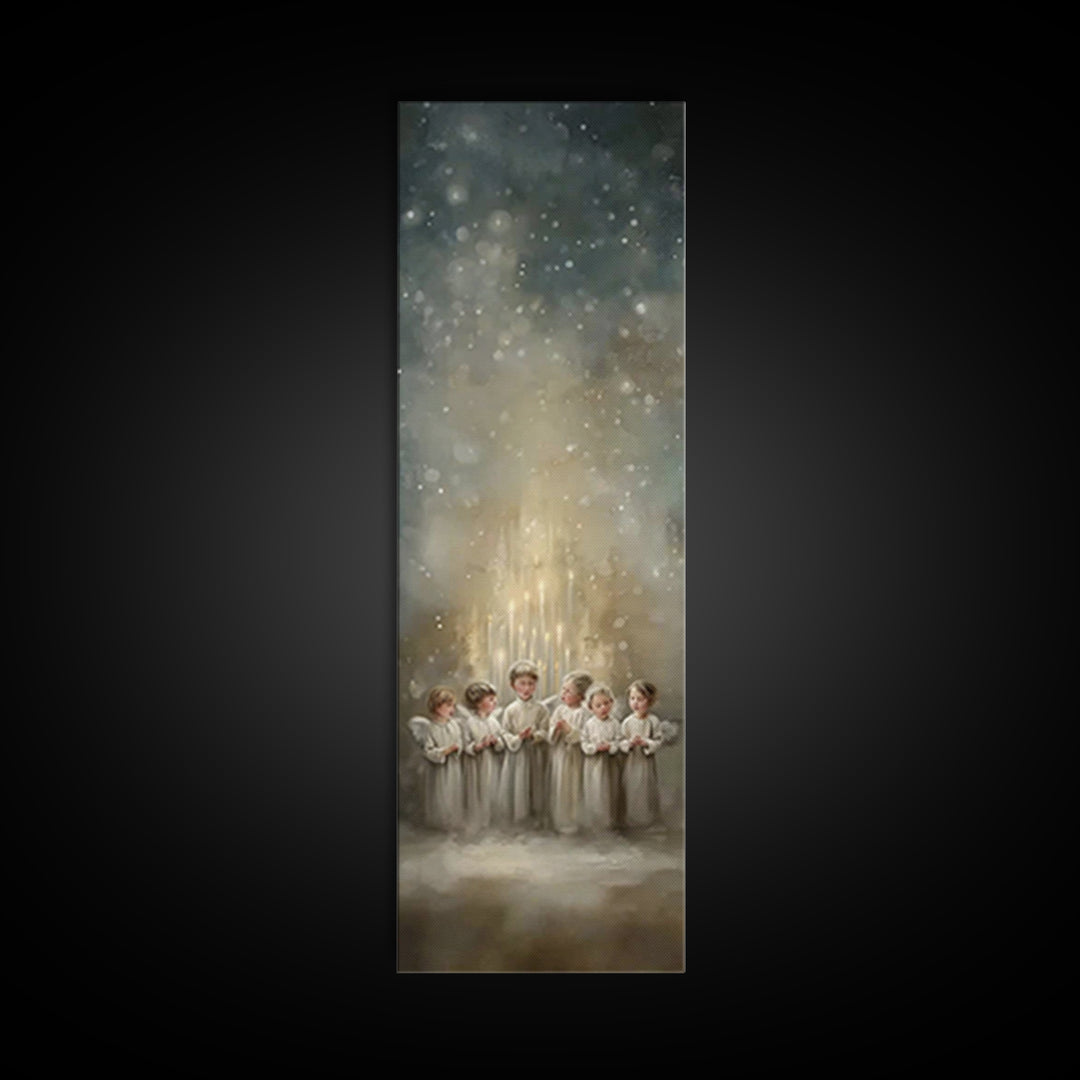 Radiant Gathering – Framed Canvas Print, Christian Wall Art, Christian Art Canvas, Tall Narrow Wall Art, Christmas Art, Christian Christmas