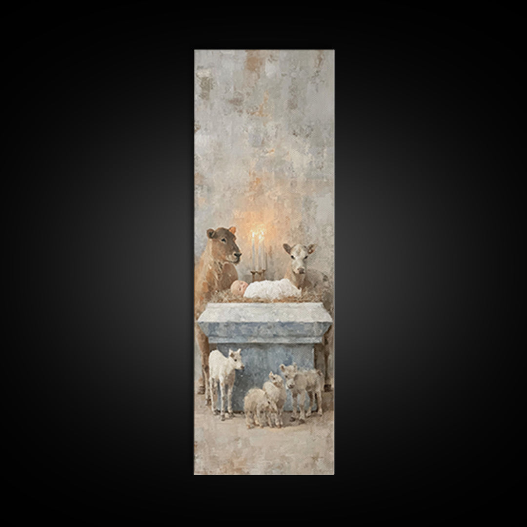 Serene Manger Hope – Framed Canvas Print – Christian Wall Art – Jesus Painting – Christmas Art – Narrow Art – Christian Art Canvas