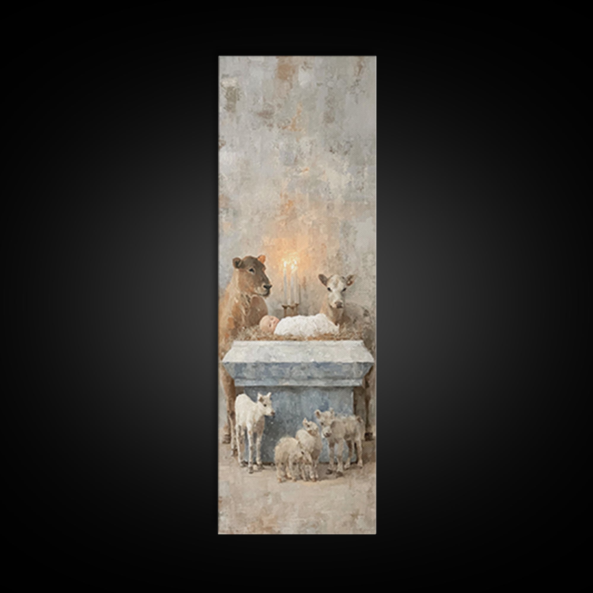 Serene Manger Hope – Framed Canvas Print – Christian Wall Art – Jesus Painting – Christmas Art – Narrow Art – Christian Art Canvas