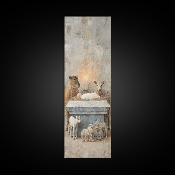 Serene Manger Hope – Framed Canvas Print – Christian Wall Art – Jesus Painting – Christmas Art – Narrow Art – Christian Art Canvas