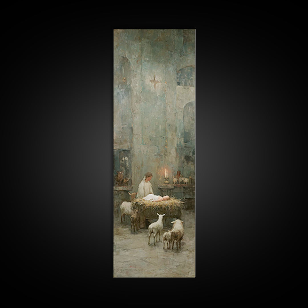 Quiet Nativity Glow | Framed Canvas Print | Christian Art Work | Modern Christian Art | Tall Narrow Wall Art | Christmas Art | Jesus Wall A