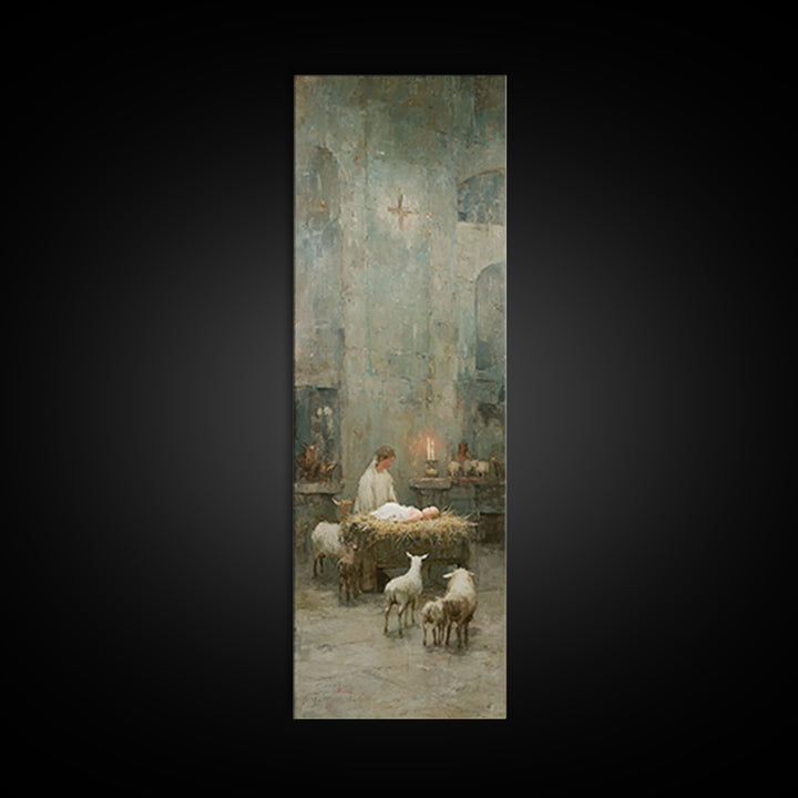 Quiet Nativity Glow | Framed Canvas Print | Christian Art Work | Modern Christian Art | Tall Narrow Wall Art | Christmas Art | Jesus Wall A