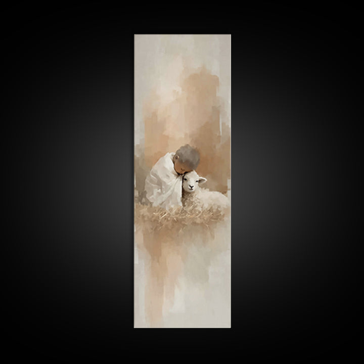 Tender Lamb Mercy, Framed Canvas Print, Christian Art Canvas, Christian Christmas Art, Narrow Art, Christian Gift, Jesus Art Print