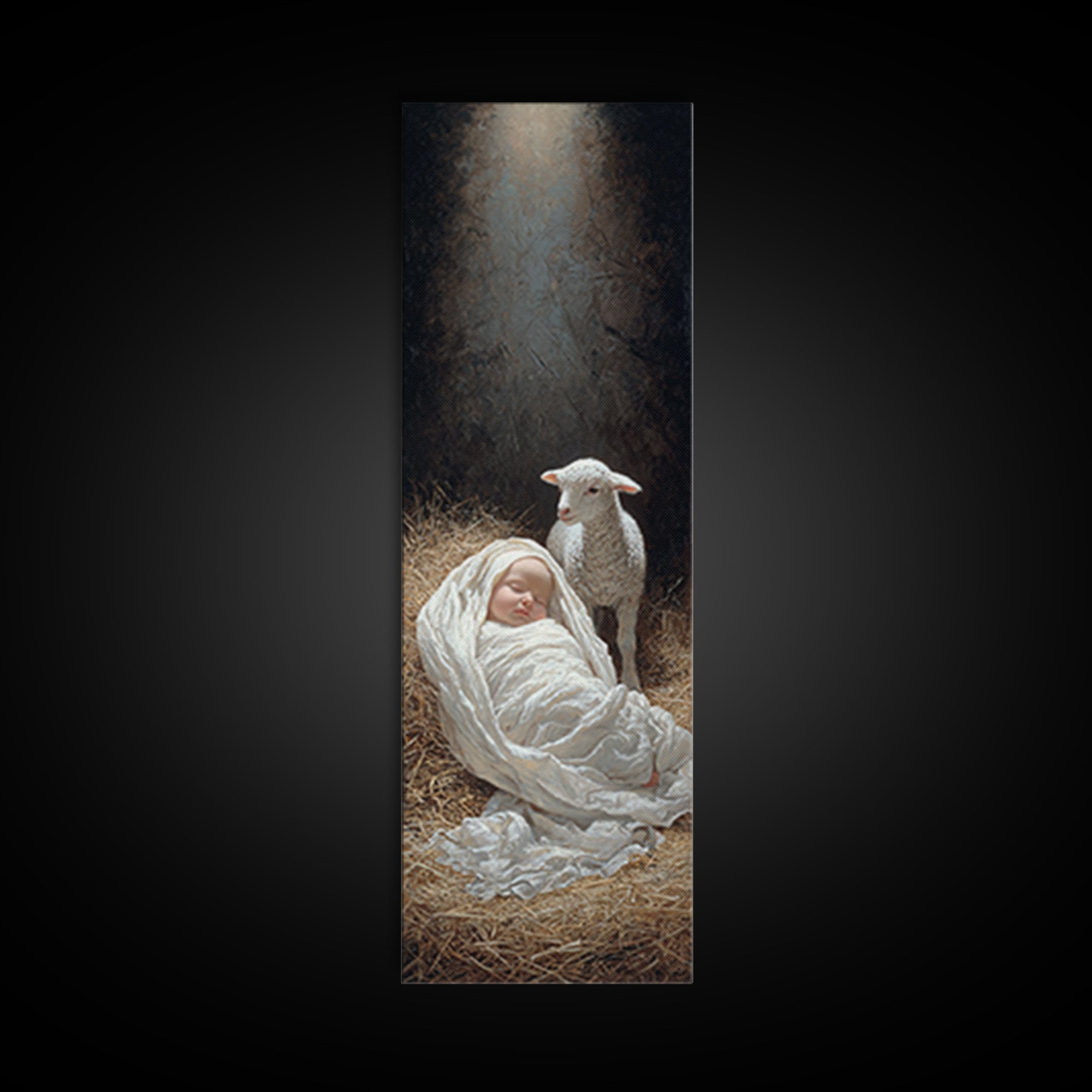 Radiant Manger Blessing, Framed Canvas Print, Christian Art Print, Christmas Art, Narrow Art, Jesus Christmas Art, Christian Wall Art