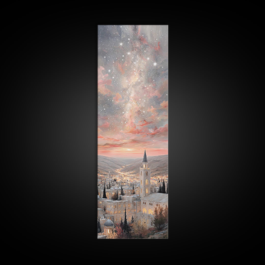 City Of Starfall, Framed Canvas Print, Christmas Canvas Wall Art, Christian Art, Skinny Art, Christian Decoration, Christmas Art Prints