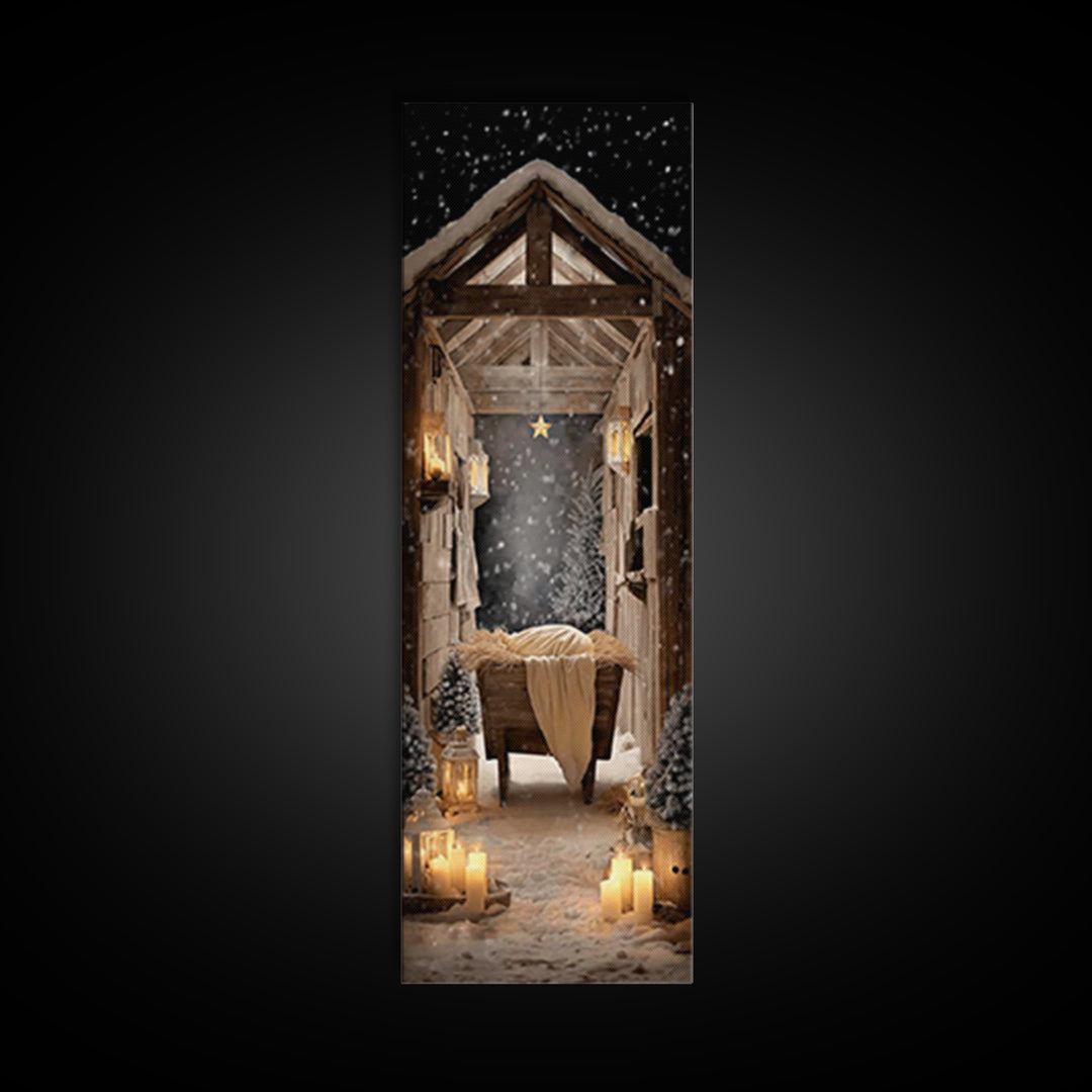 Starry Night Manger – Framed Canvas Print – Christian Christmas Art – Christian Wall Art – Christmas Canvas Wall Art – Tall Skinny Art Prin