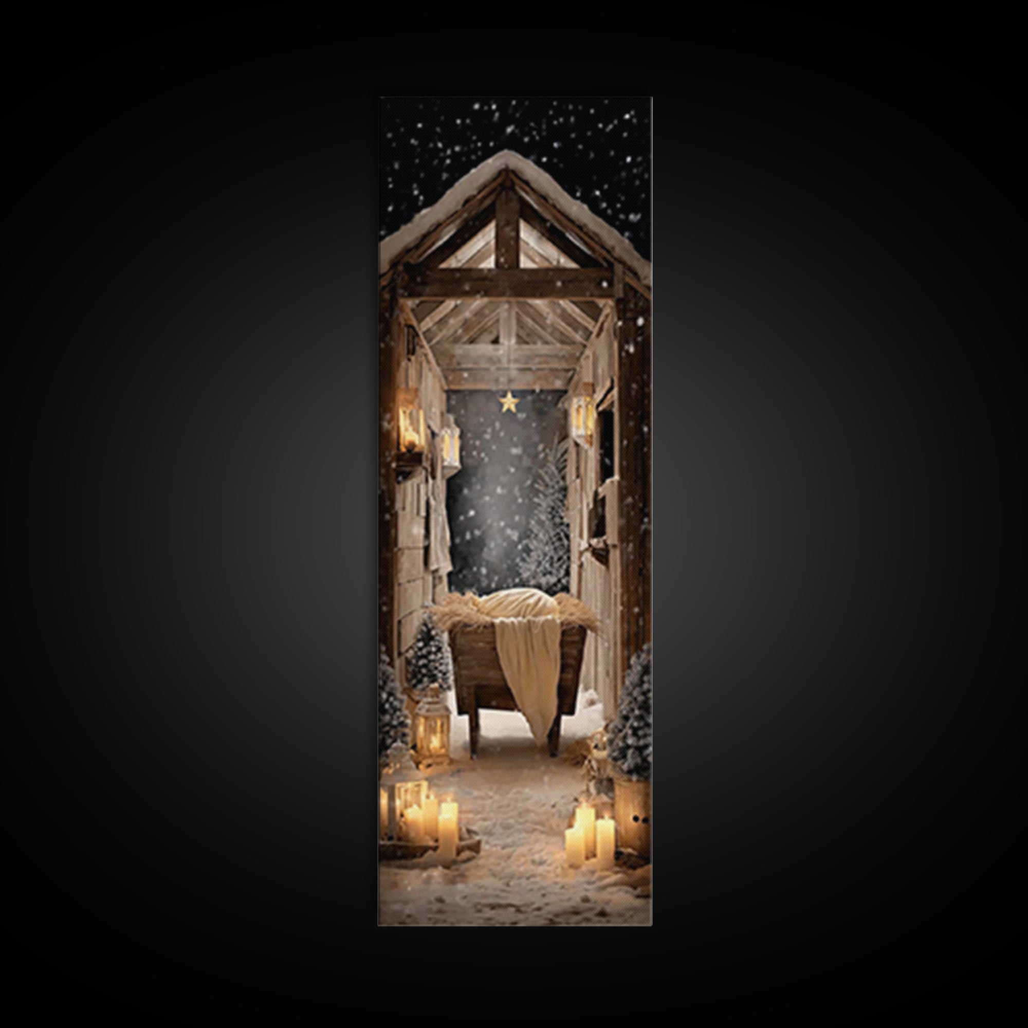 Starry Night Manger – Framed Canvas Print – Christian Christmas Art – Christian Wall Art – Christmas Canvas Wall Art – Tall Skinny Art Prin