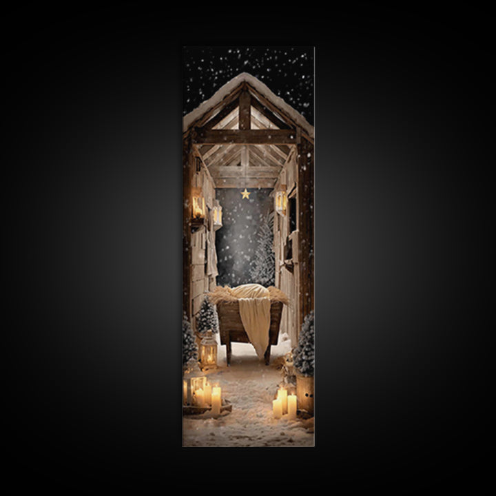 Starry Night Manger – Framed Canvas Print – Christian Christmas Art – Christian Wall Art – Christmas Canvas Wall Art – Tall Skinny Art Prin