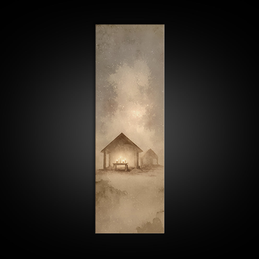 Sacred Stable Glow – Framed Canvas Print – Christian Art Canvas – Framed Christmas Art – Christian Art – Skinny Art