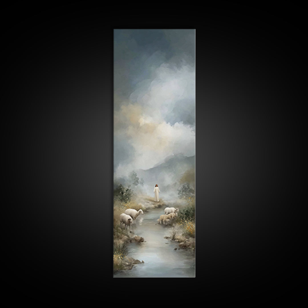 Shepherd’s Living Waters, Framed Canvas Print, Christian Art Canvas, Jesus Painting, Christian Wall Art, Tall Skinny Art Print, Christian D