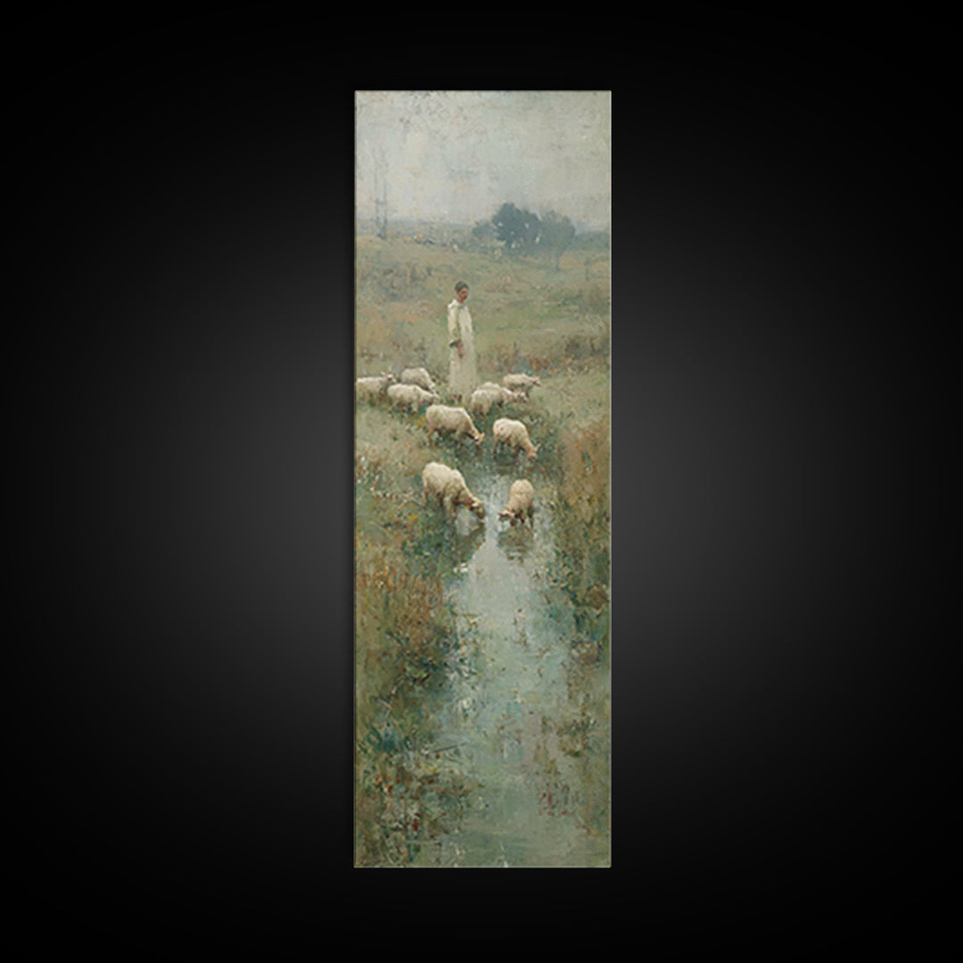 Shepherd’s Quiet Meadow – Framed Canvas Print – Christian Art Canvas – Christian Wall Art – Jesus Painting – Narrow Art – Christian Christm