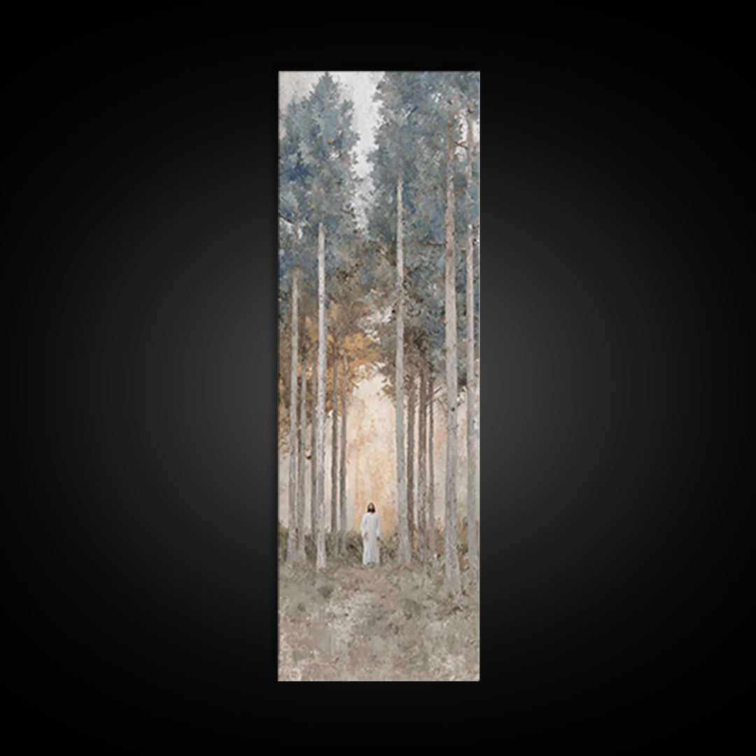 Light Through The Pines, Framed Canvas Print, Christian Art Canvas, Christian Wall Art, Jesus Painting, Skinny Art, Christian Christmas Art