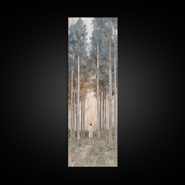 Light Through The Pines, Framed Canvas Print, Christian Art Canvas, Christian Wall Art, Jesus Painting, Skinny Art, Christian Christmas Art