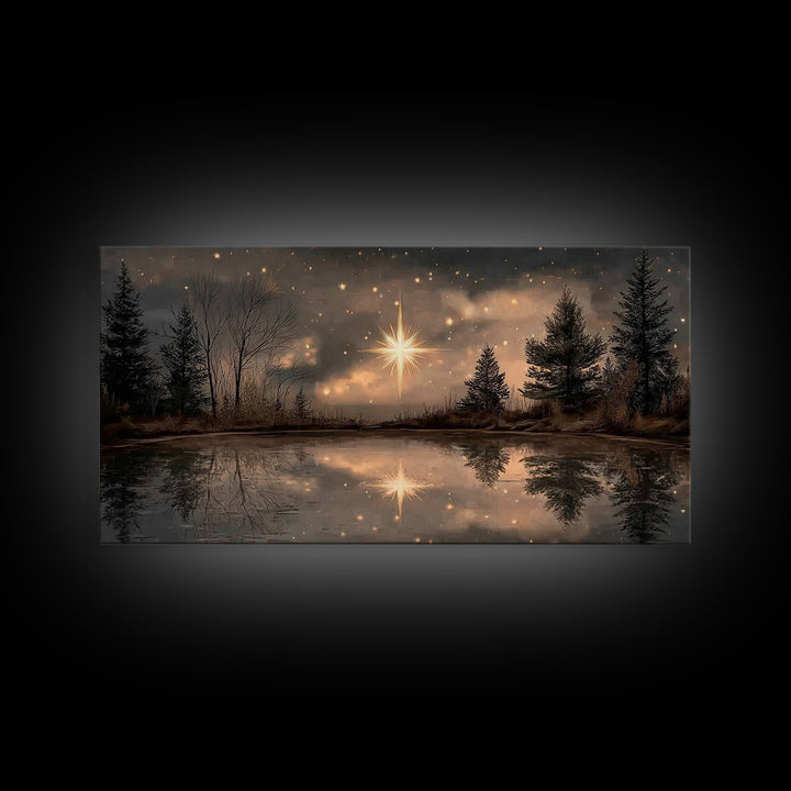 Night Star Reflection, Framed Canvas Print, Christian Art Canvas, Christmas Wall Art, Christian Christmas Art, Moody Christmas Art, Christi