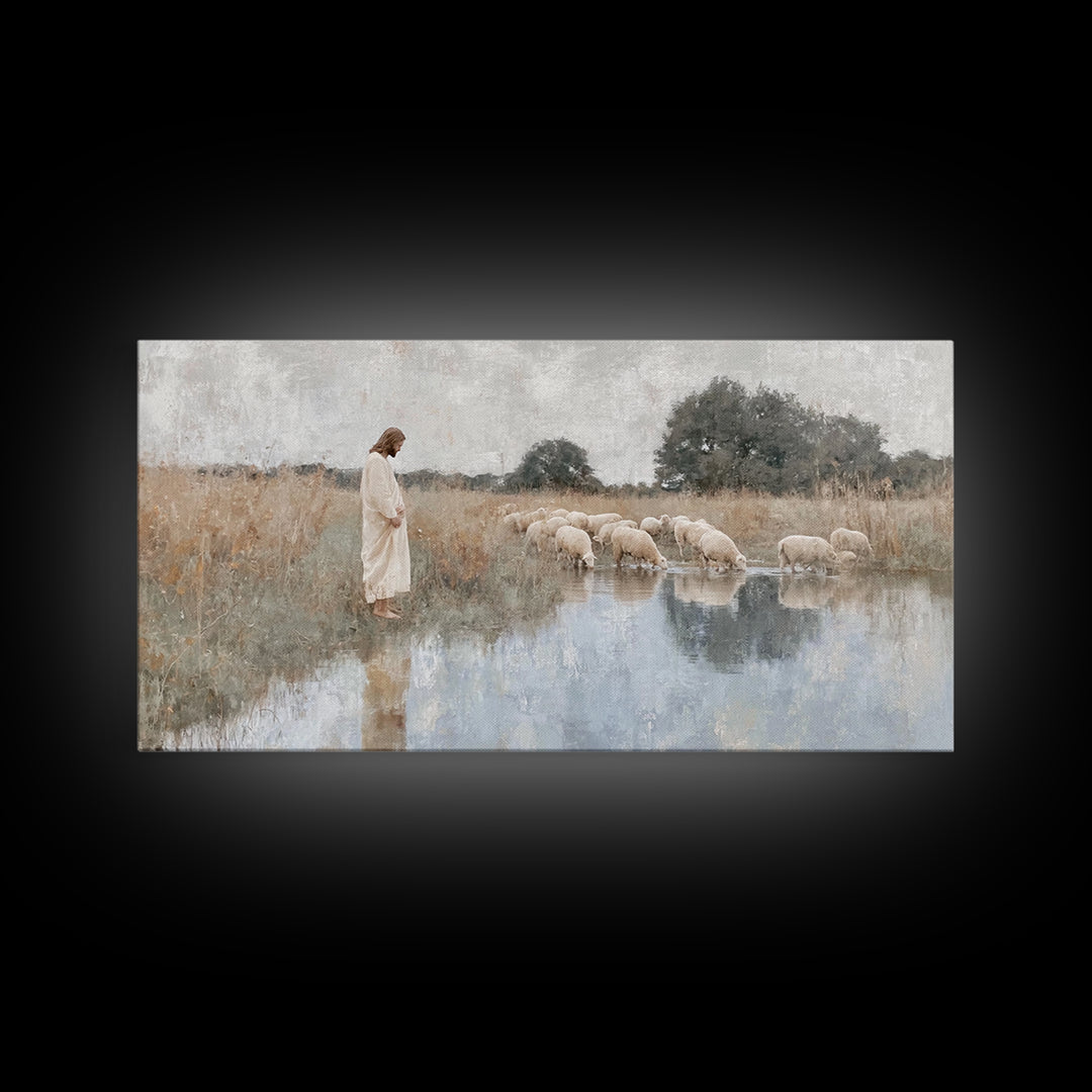 Gentle Shepherd Light – Framed Canvas Print – Christian Wall Art – Jesus Painting – Christian Art Canvas – Pastoral Scenery – Christian Chr