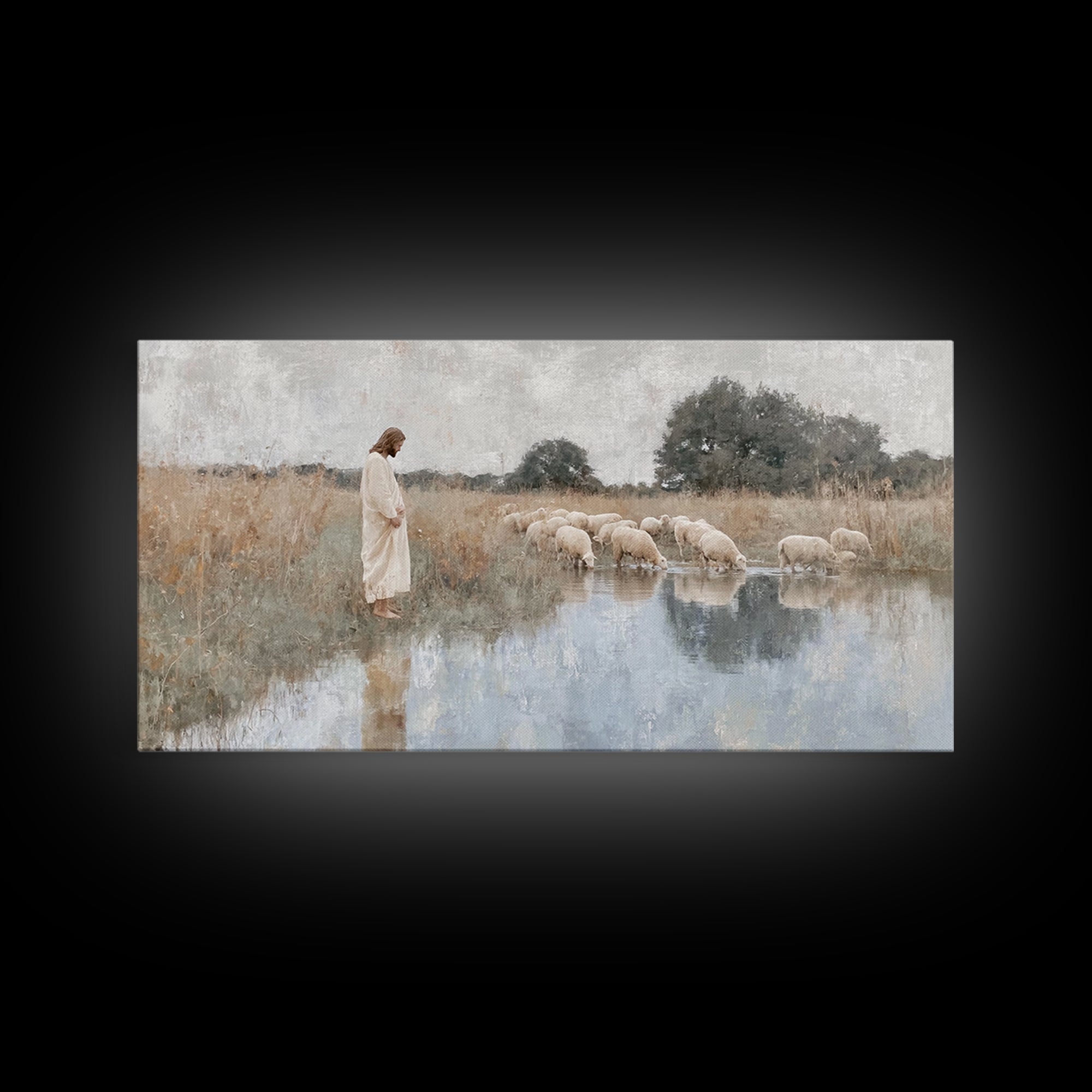 Gentle Shepherd Light – Framed Canvas Print – Christian Wall Art – Jesus Painting – Christian Art Canvas – Pastoral Scenery – Christian Chr