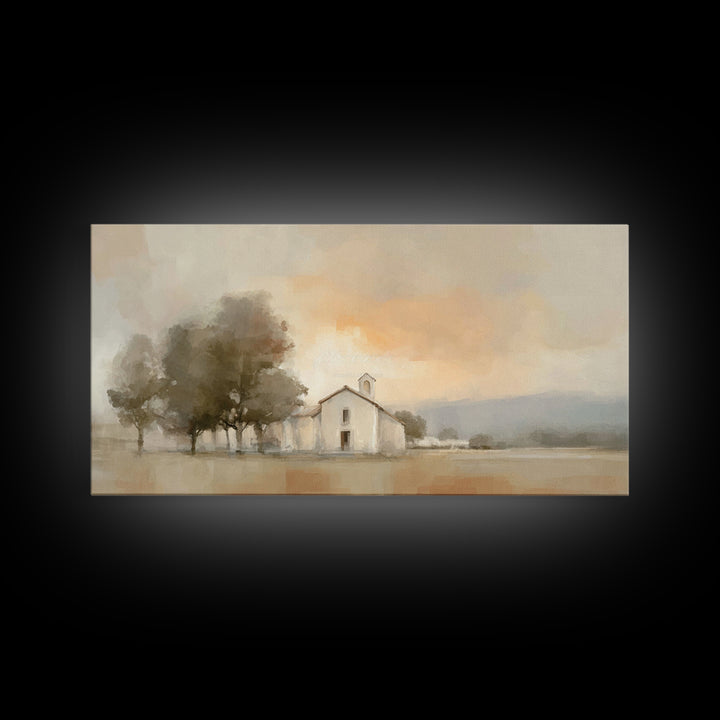 Chapel At Dawn – Framed Canvas Print – Christian Wall Art – Minimalist Christian Art – Christian Art Canvas – Modern Christian Painting – P