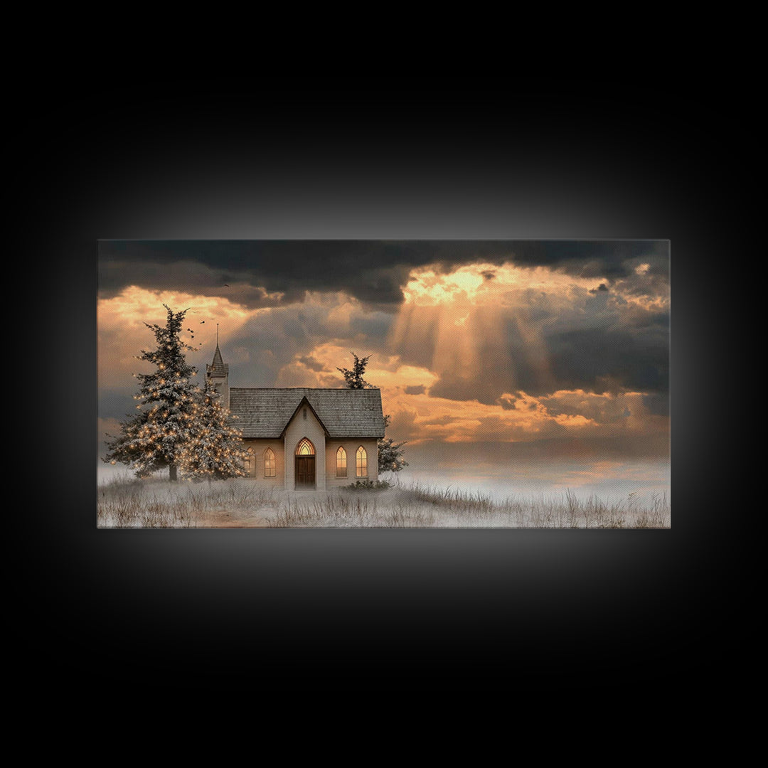 Light Of The Chapel – Framed Canvas Print – Christmas Art – Christian Christmas Art – Christian Wall Art – Christian Art Canvas – Winter Ch