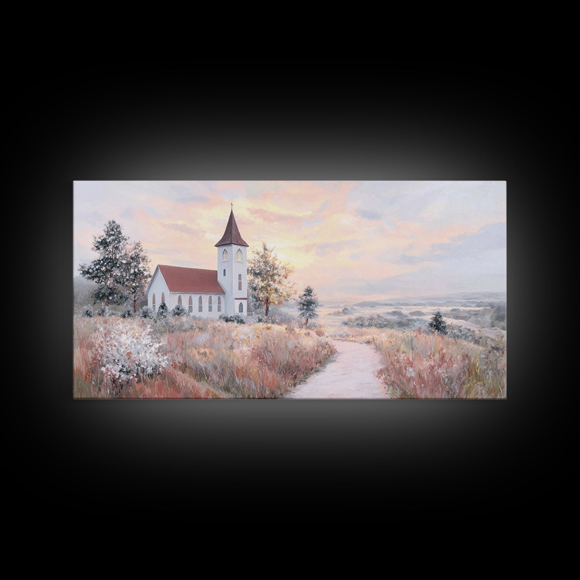 Sunrise Church Path – Framed Canvas Print – Christian Wall Art – Christian Art Canvas – Christian Art Work – Large Christian Art – Subtle C