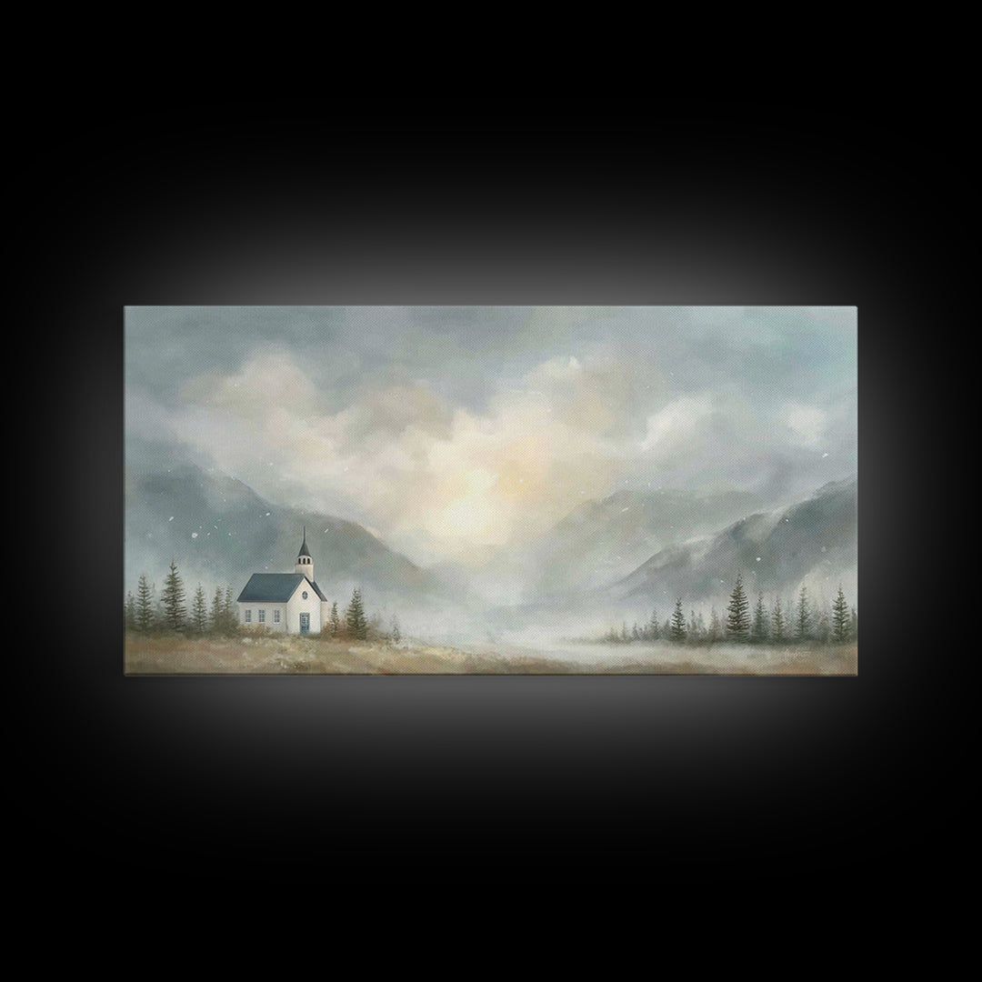 Mountain Chapel Light – Framed Canvas Print – Christian Art Canvas – Christian Wall Art – Moody Christian Art – Christian Painting – Modern