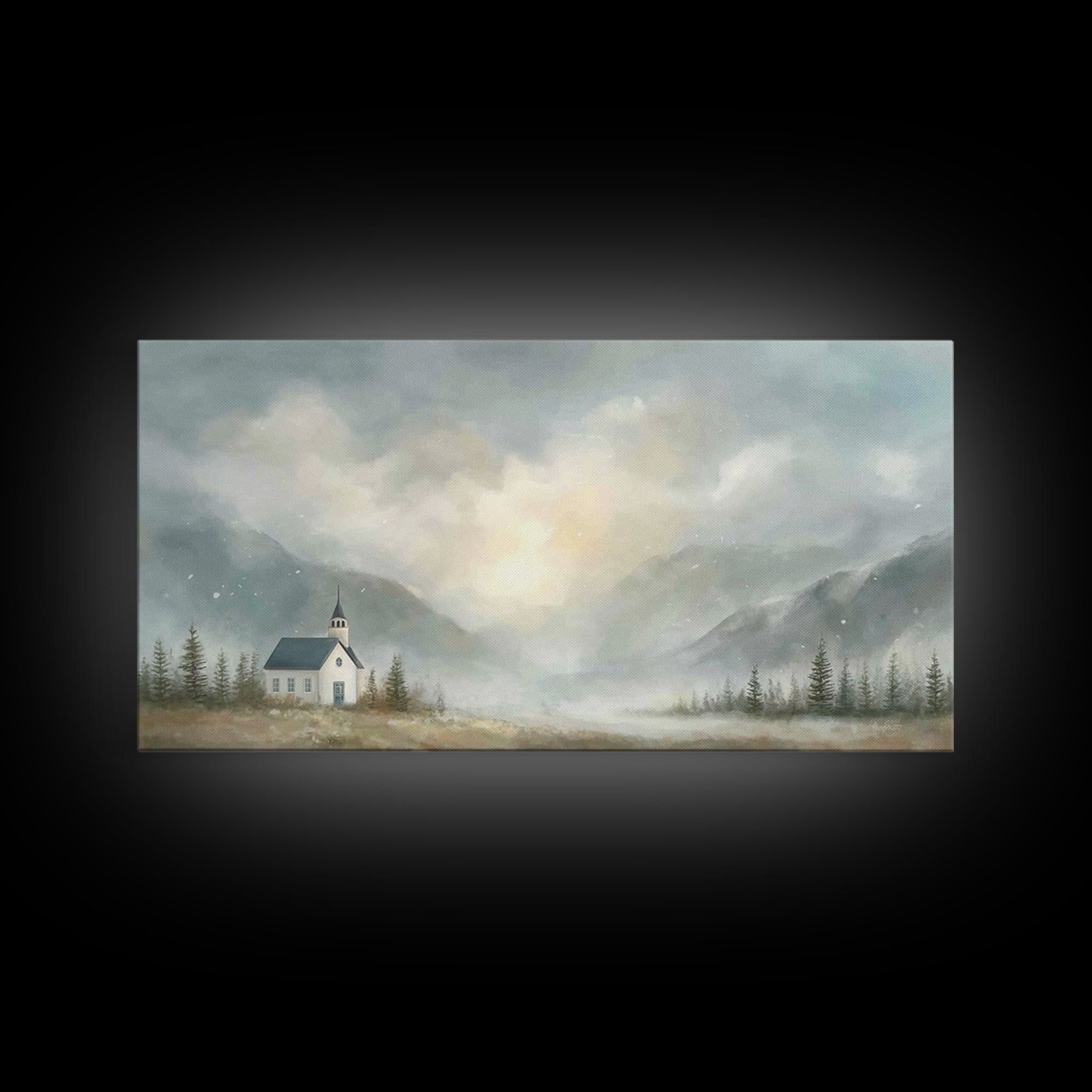 Mountain Chapel Light – Framed Canvas Print – Christian Art Canvas – Christian Wall Art – Moody Christian Art – Christian Painting – Modern
