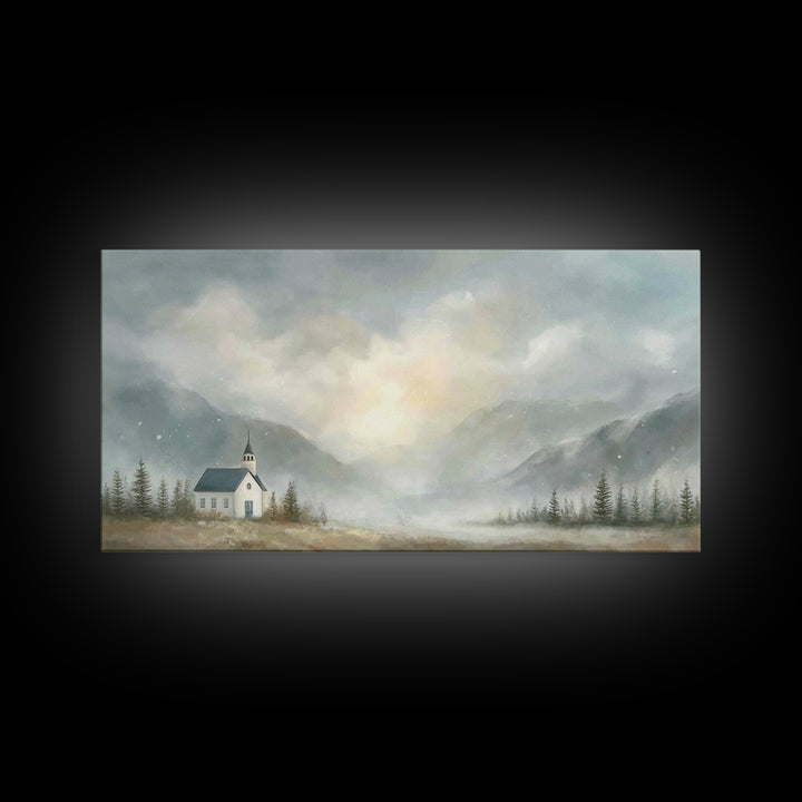 Mountain Chapel Light – Framed Canvas Print – Christian Art Canvas – Christian Wall Art – Moody Christian Art – Christian Painting – Modern