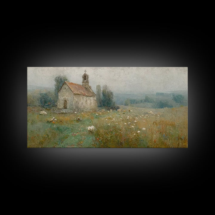 Quiet Chapel Meadow – Framed Canvas Print – Christian Art Canvas – Vintage Christian Art – Christian Painting – Christian Wall Art – Christ