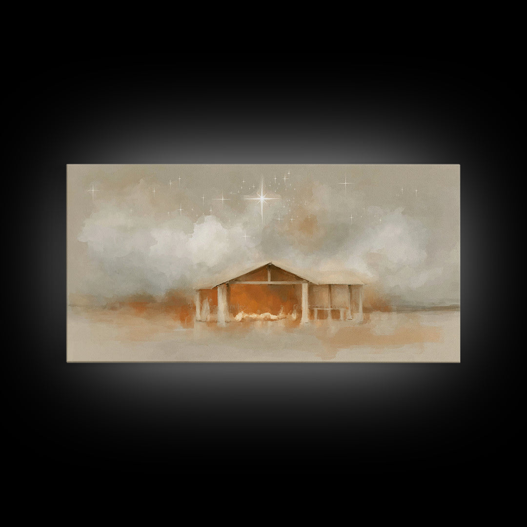 Holy Night Shelter – Framed Canvas Print – Christmas Art – Christian Canvas – Christian Art – Christian Gifts – Jesus Art – Christian Decor