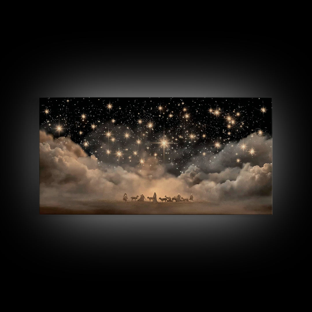 Nativity Night – Framed Canvas Print – Christian Art Canvas – Christmas Art Work – Christian Wall Art – Moody Christmas Art