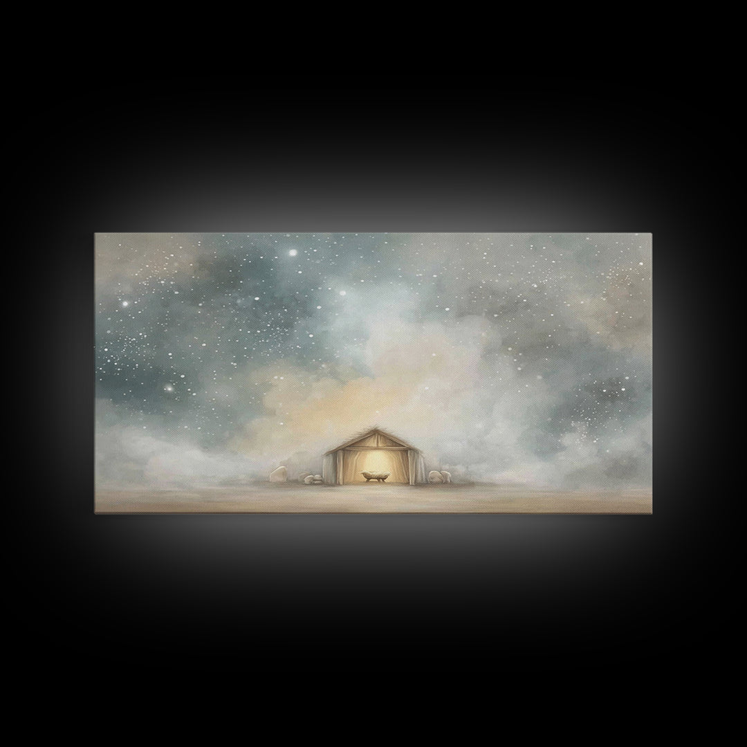 Manger Under Heaven, Framed Canvas Print, Christian Art Canvas, Christmas Art, Christian Christmas Art, Christian Wall Art