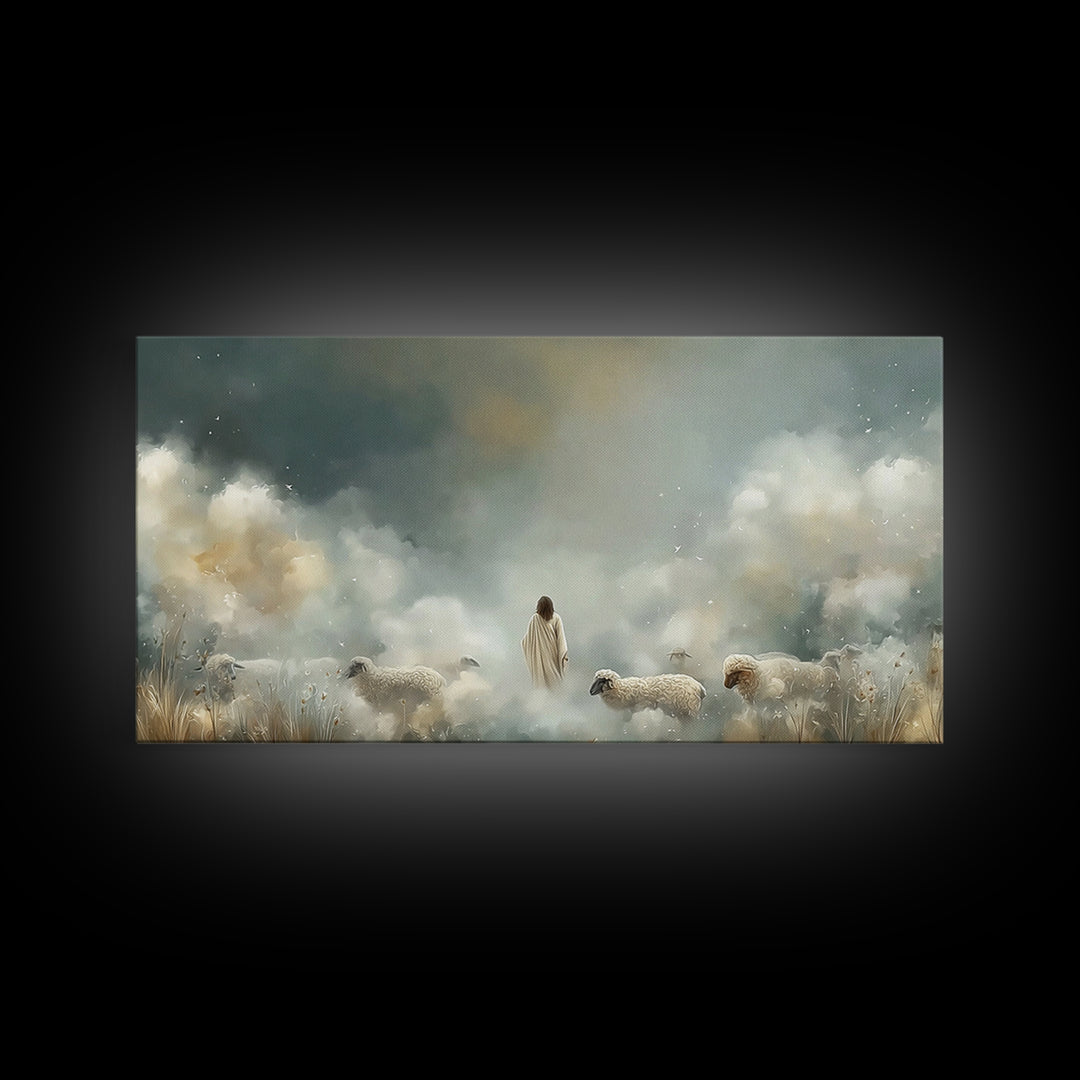 Heavenly Shepherd Light – Framed Canvas Print – Christian Wall Art – Jesus Painting – Christian Art Canvas – Christmas Art – Christian Deco