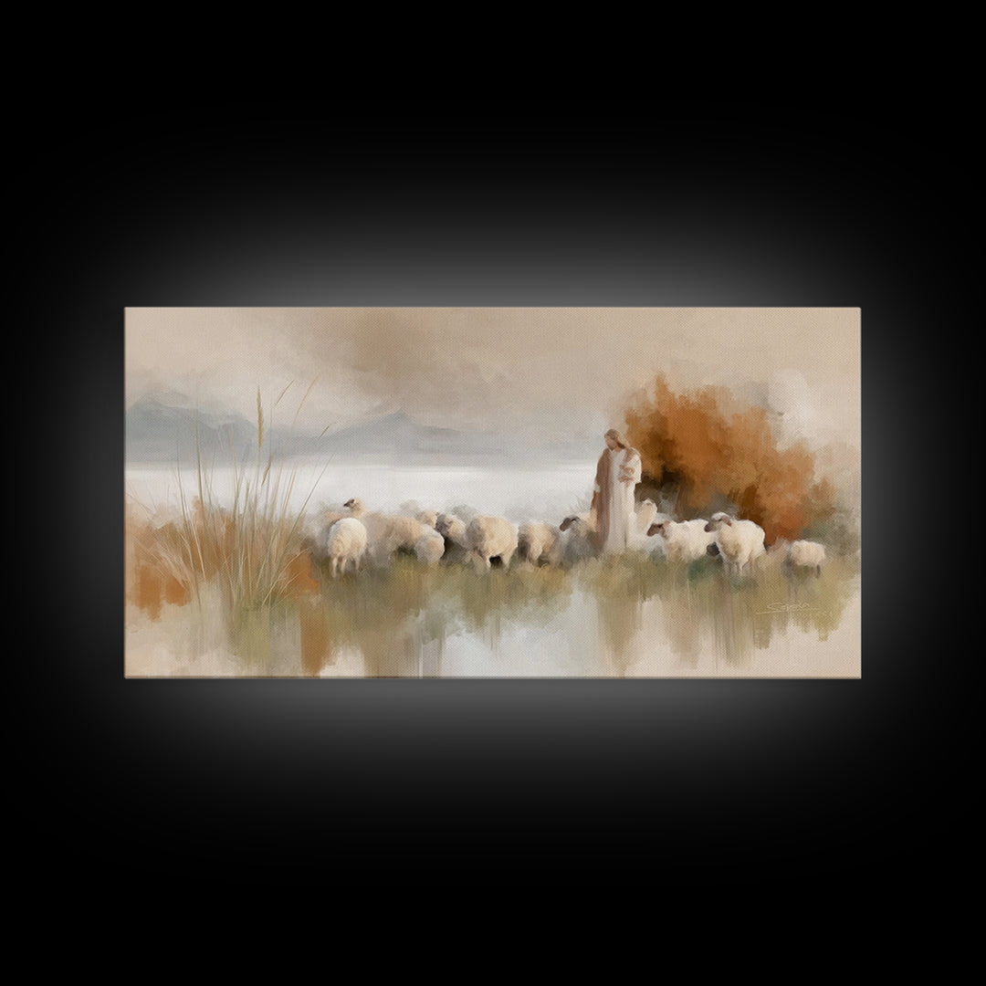 Hillside Shepherd Calm | Framed Canvas Print | Christian Art Canvas | Christian Wall Art | Jesus Painting | Christian Christmas Art | Uniqu