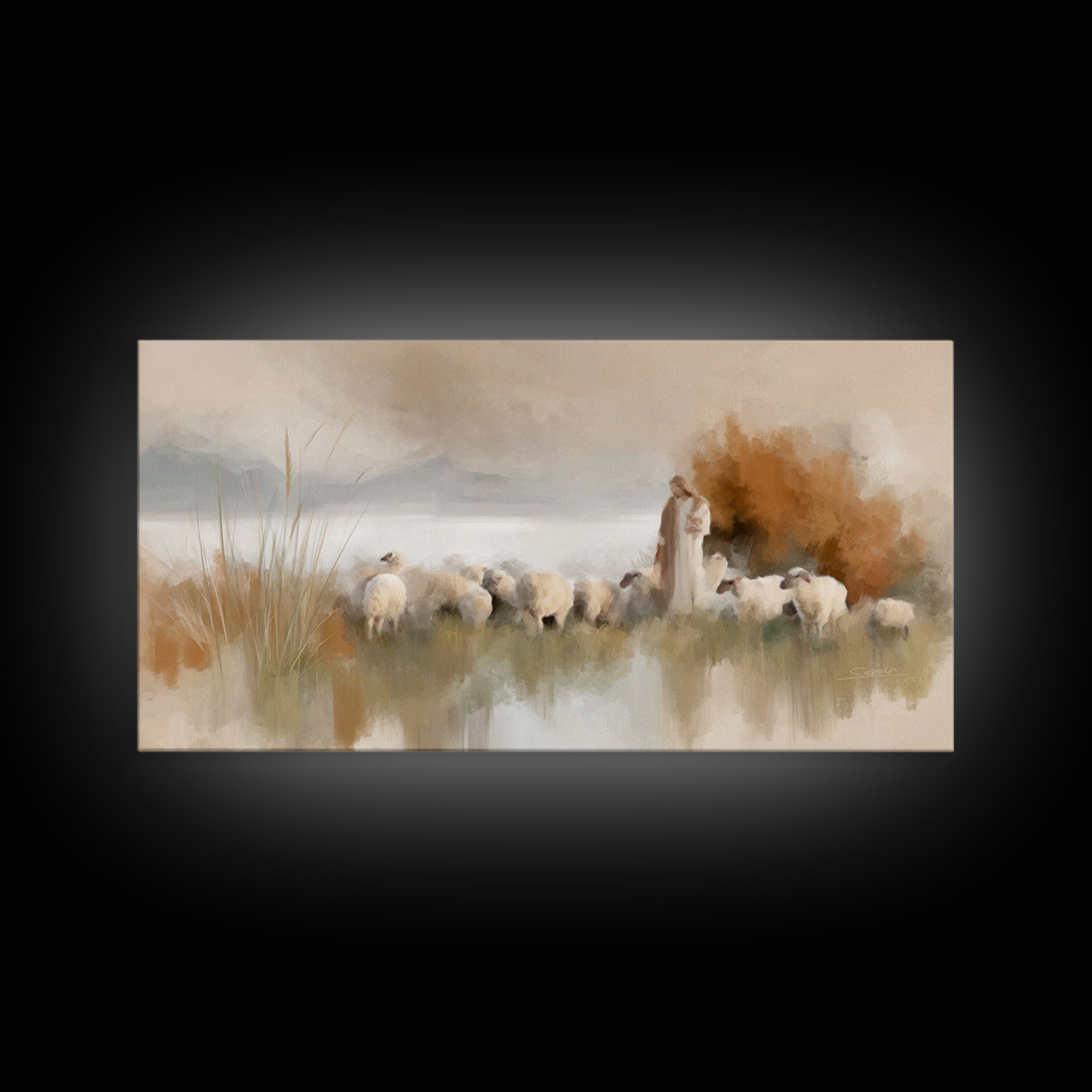 Hillside Shepherd Calm | Framed Canvas Print | Christian Art Canvas | Christian Wall Art | Jesus Painting | Christian Christmas Art | Uniqu