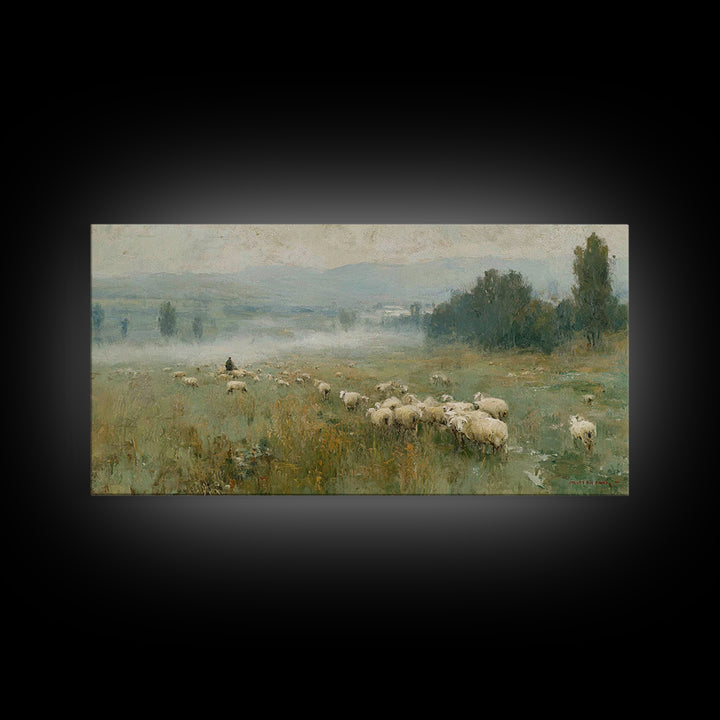 Twilight Pasture Peace, Framed Canvas Print, Christian Wall Art, Jesus Painting, Christian Art Canvas, Moody Christian Art, Christmas Wall