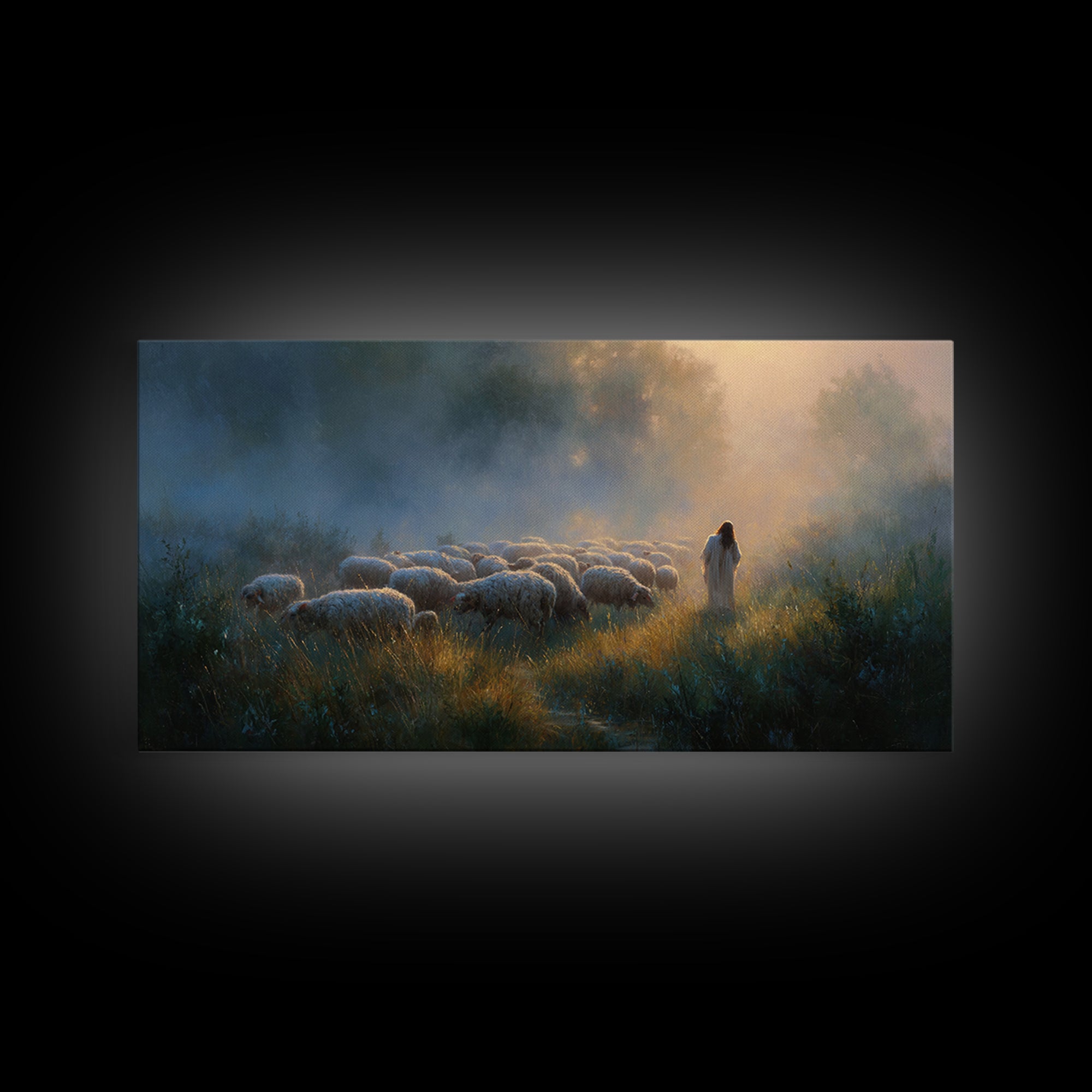 Shepherd’s Meadow Light | Framed Canvas Print | Christian Art Canvas | Christian Wall Art | Jesus Painting | Christmas Art | Vintage Christ