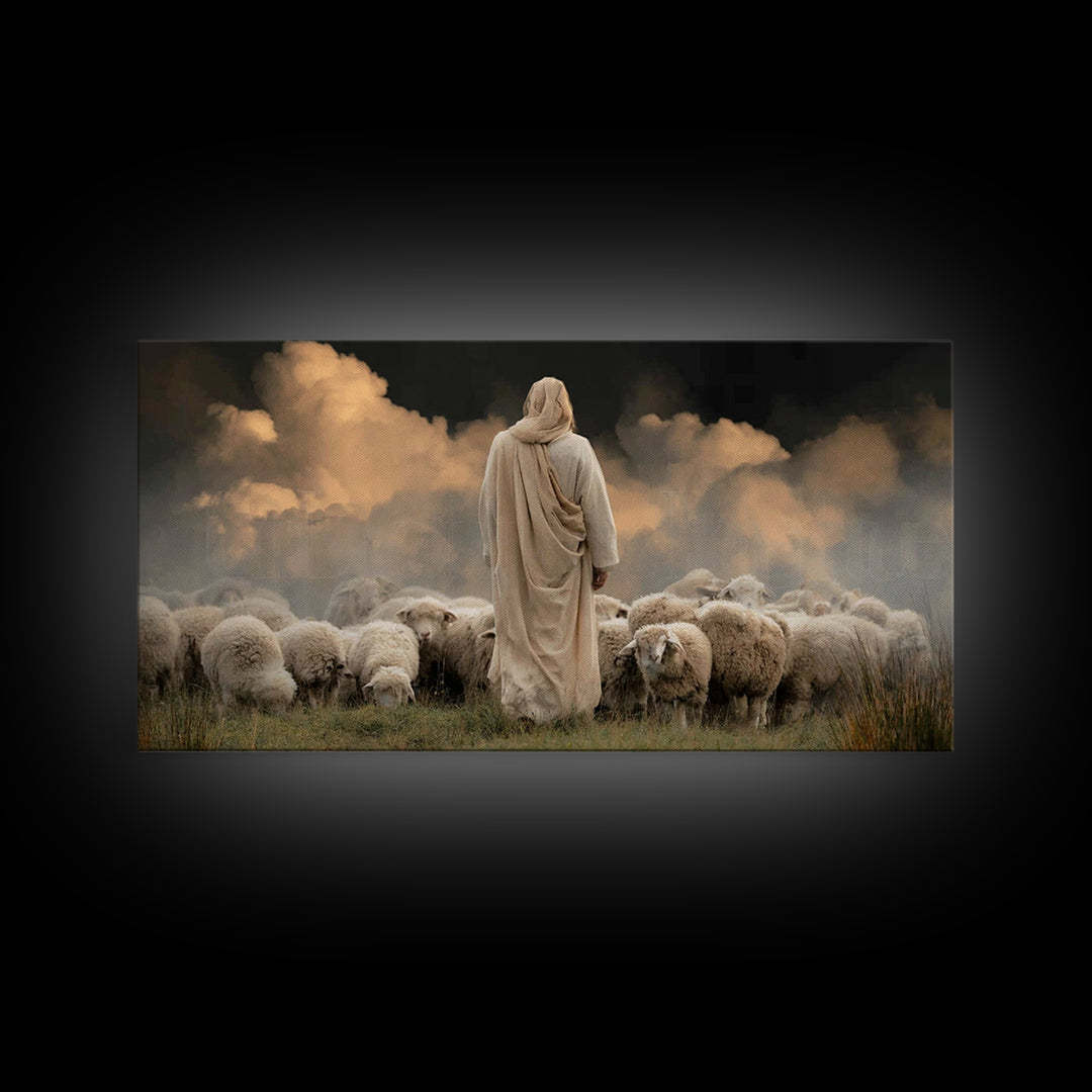 Cloudside Flock Light, Framed Canvas Print, Jesus Painting, Christian Art Canvas, Christian Wall Art, Large Christian Painting, Christian A