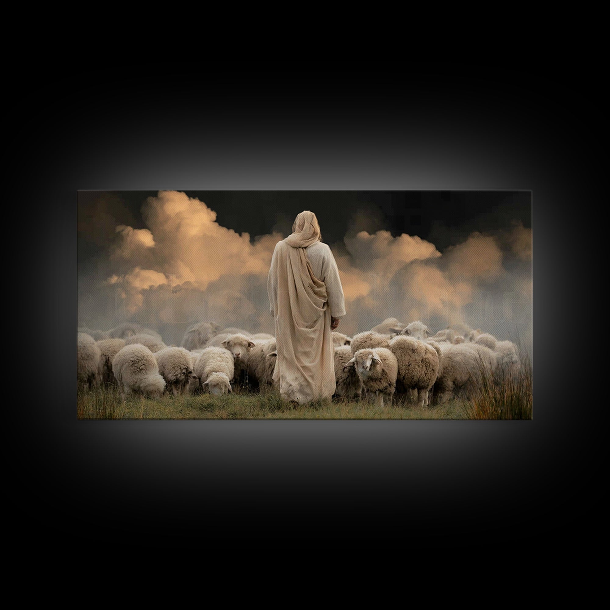 Cloudside Flock Light, Framed Canvas Print, Jesus Painting, Christian Art Canvas, Christian Wall Art, Large Christian Painting, Christian A