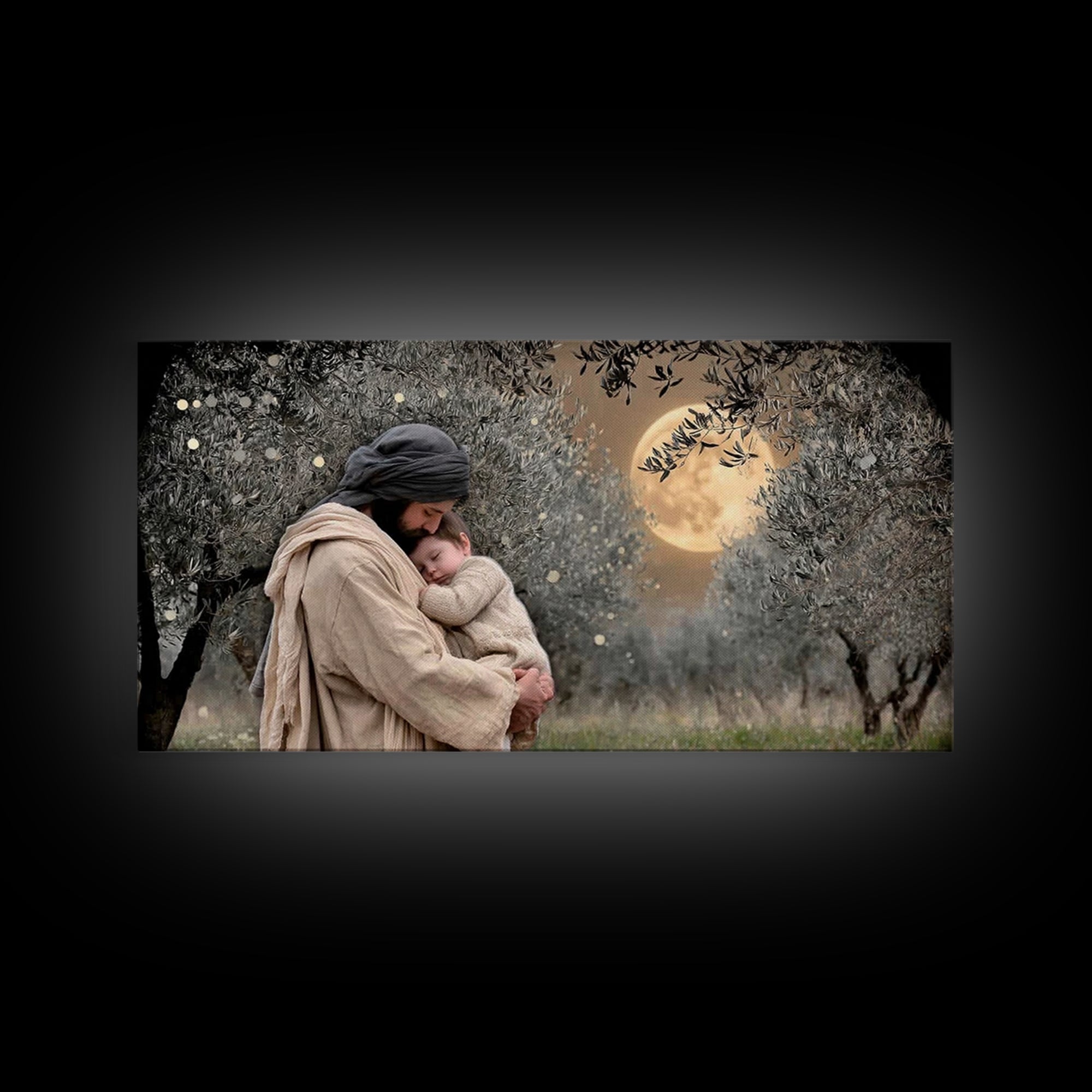 Moonlit Comfort | Framed Canvas Print | Jesus Wall Art | Christian Christmas Art | Christian Art Painting | Unique Christian Art