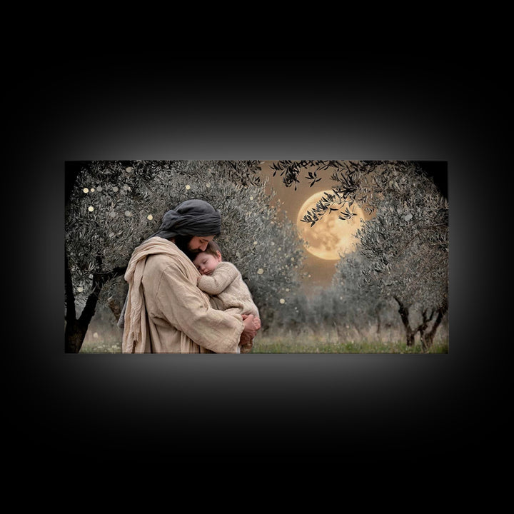 Moonlit Comfort | Framed Canvas Print | Jesus Wall Art | Christian Christmas Art | Christian Art Painting | Unique Christian Art