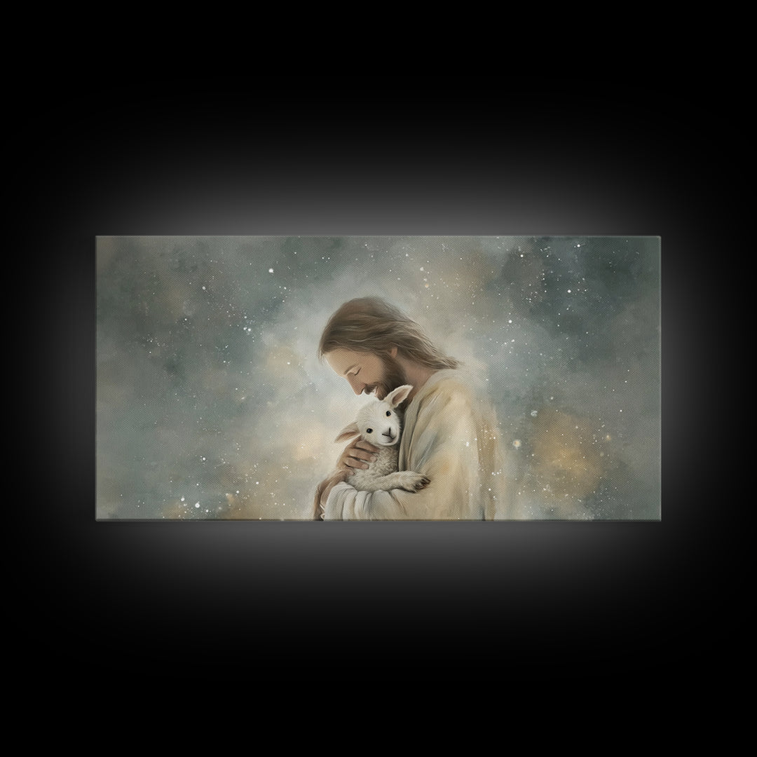 Tender Shepherd Love, Framed Canvas Print, Jesus Painting, Christian Wall Art, Christian Art Canvas, Christmas Art