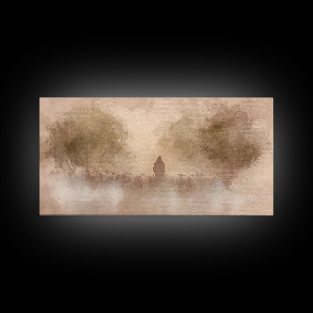 Shepherd’s Dawn Glow | Framed Canvas Print | Christian Art Canvas | Jesus Painting | Christian Wall Art | Moody Christian Art | Christmas W